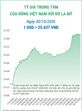 (Interactive) Tỷ giá trung tâm ngày 30/10/2026: 1 USD = 25.637 VND
