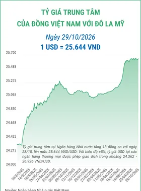 (Interactive) Tỷ giá trung tâm ngày 29/10/2026: 1 USD = 25.644 VND